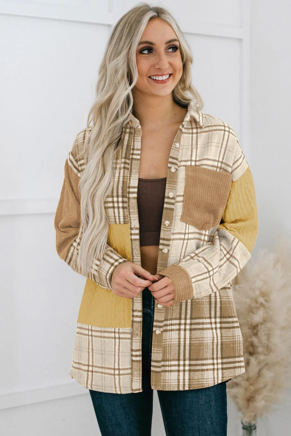 Khaki Plaid Colour Block Patchwork Shirt Jacket with Pocket
