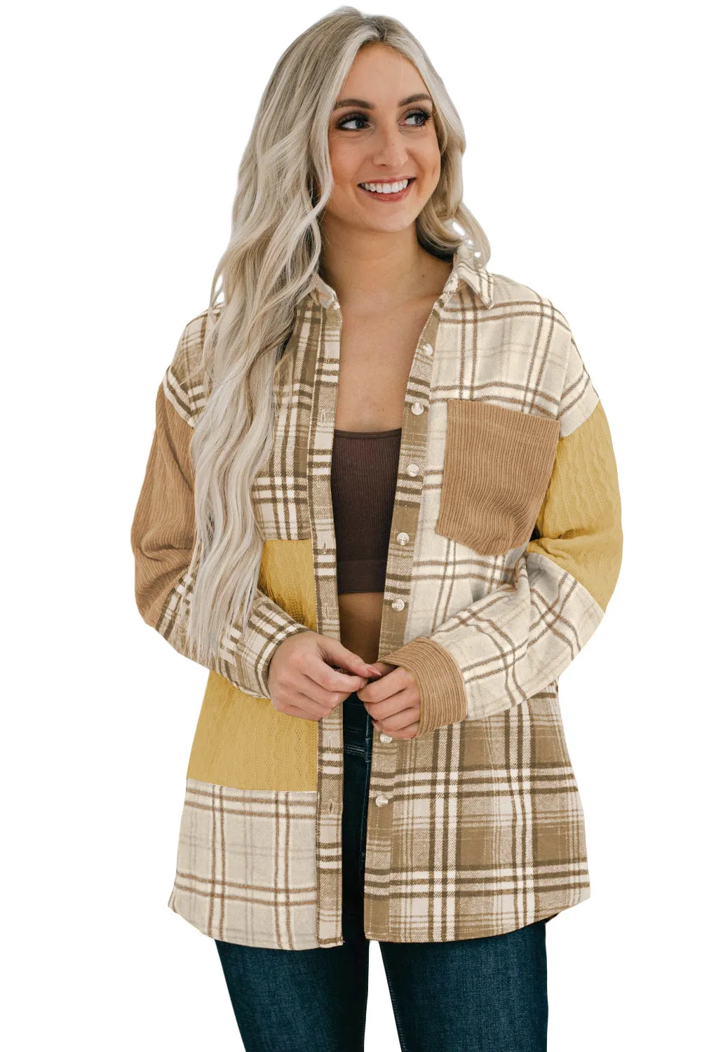 Khaki Plaid Colour Block Patchwork Shirt Jacket with Pocket