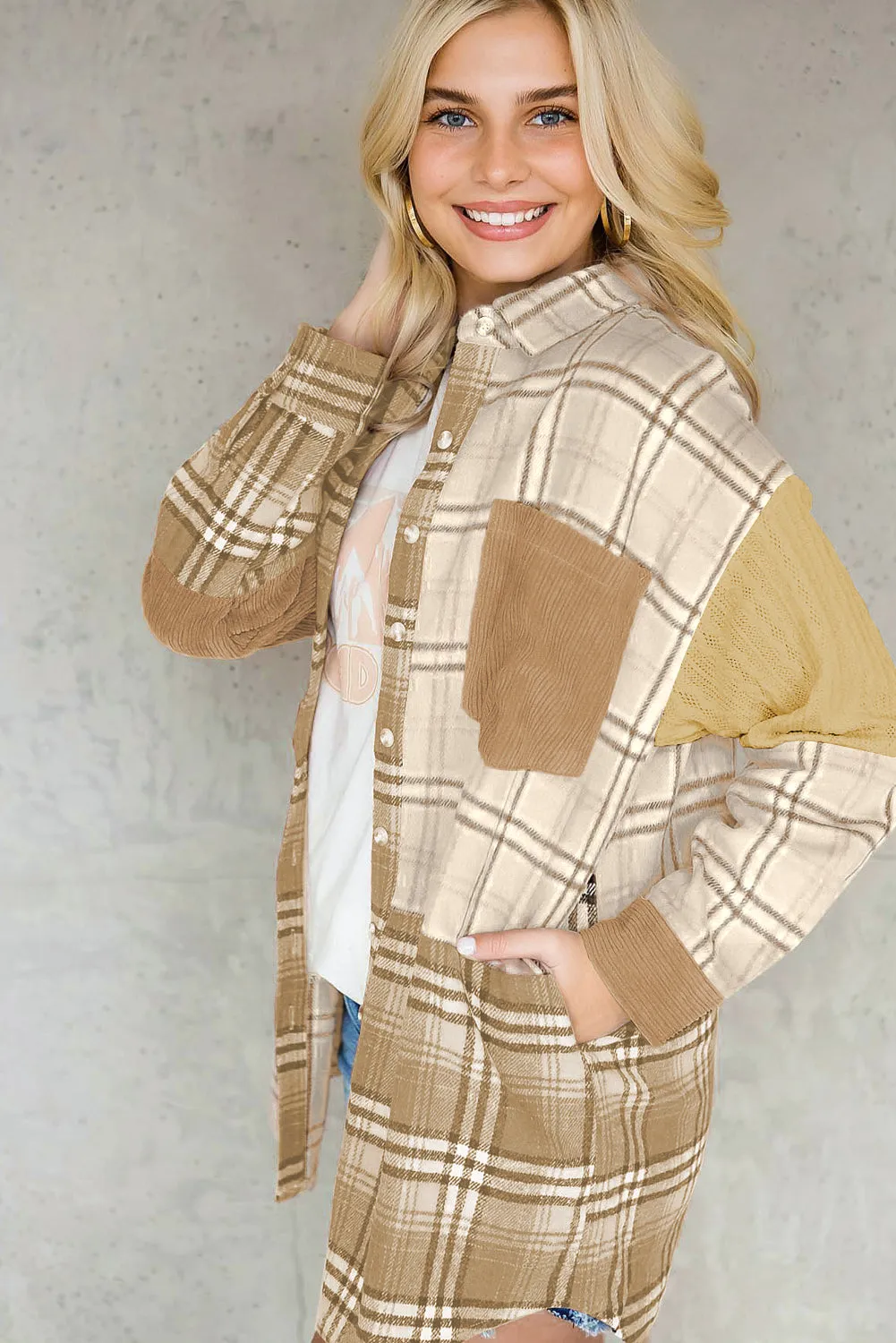 Khaki Plaid Colour Block Patchwork Shirt Jacket with Pocket