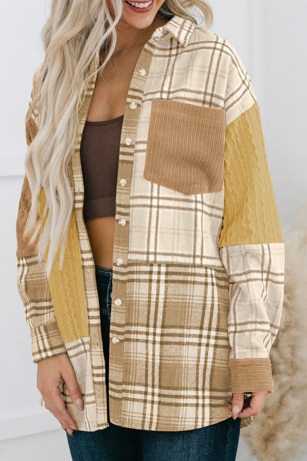 Khaki Plaid Colour Block Patchwork Shirt Jacket with Pocket