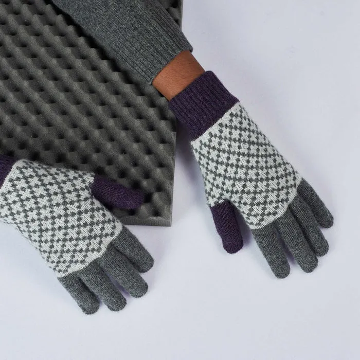 Lambswool Gloves - Grey/Purple Cross