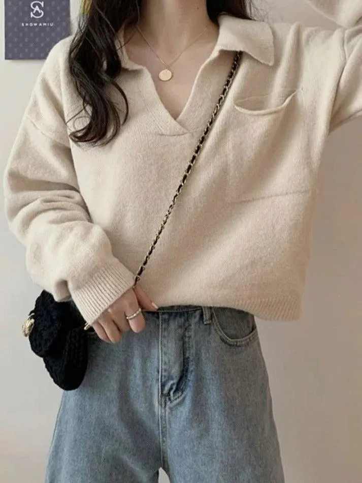 LANFUBEISI - Pocket Crop Knit Sweater