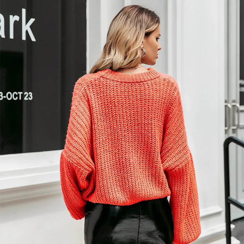 Lantern sleeve knitted pullover loose round neck red autumn casual sweater jumper