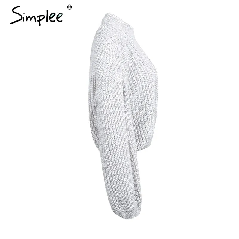 Lantern sleeve knitted pullover loose round neck red autumn casual sweater jumper