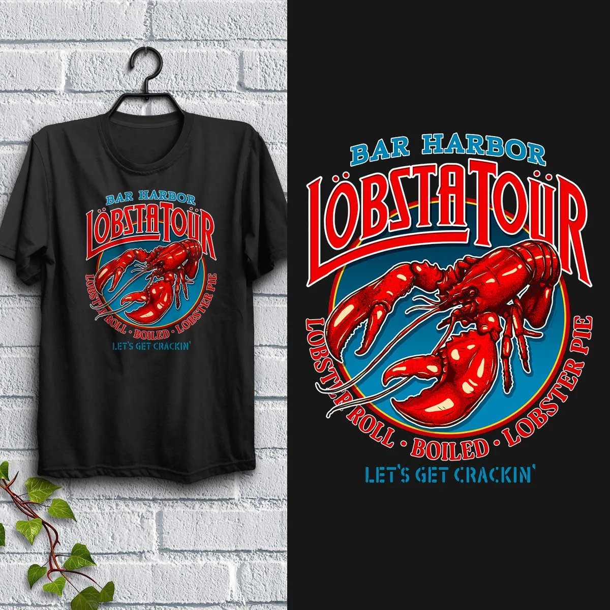 Lobsta Tour T-shirt: Boston, Rhode Island, Bar Harbor, Portland, or Cape Cod, Adult Unisex Shirt Sizes S - XXL, Black 100% Cotton,