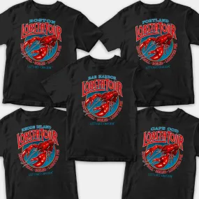 Lobsta Tour T-shirt: Boston, Rhode Island, Bar Harbor, Portland, or Cape Cod, Adult Unisex Shirt Sizes S - XXL, Black 100% Cotton,