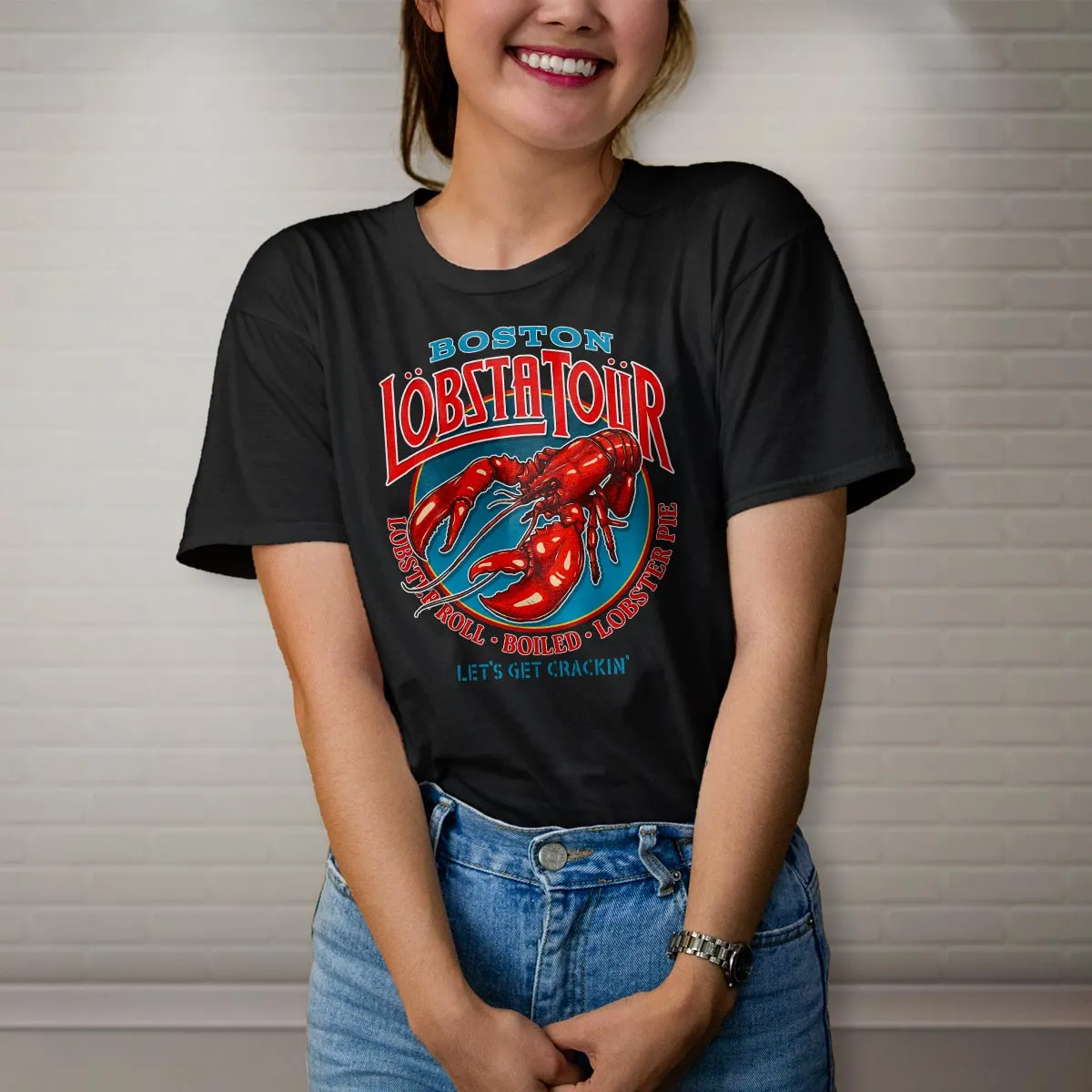 Lobsta Tour T-shirt: Boston, Rhode Island, Bar Harbor, Portland, or Cape Cod, Adult Unisex Shirt Sizes S - XXL, Black 100% Cotton,