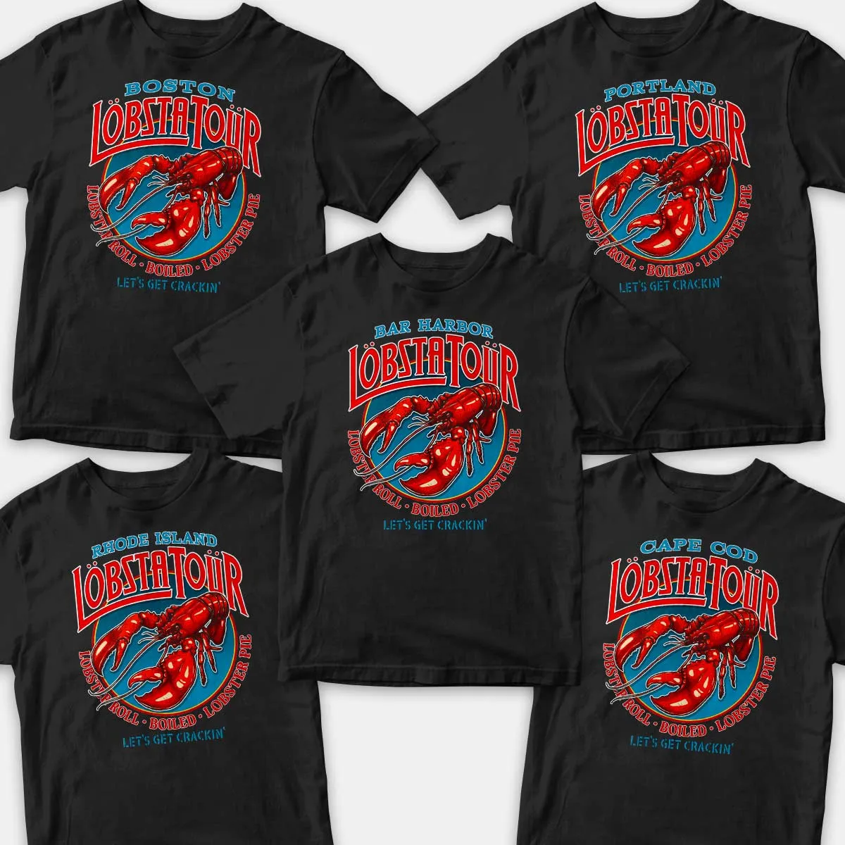 Lobsta Tour T-shirt: Boston, Rhode Island, Bar Harbor, Portland, or Cape Cod, Adult Unisex Shirt Sizes S - XXL, Black 100% Cotton,