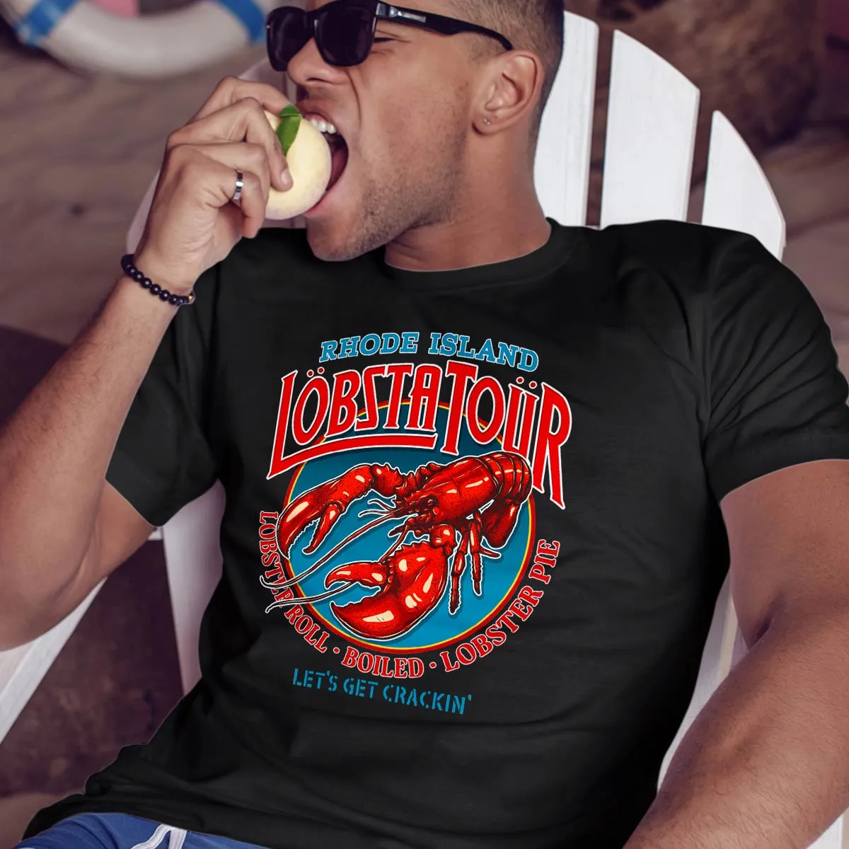 Lobsta Tour T-shirt: Boston, Rhode Island, Bar Harbor, Portland, or Cape Cod, Adult Unisex Shirt Sizes S - XXL, Black 100% Cotton,