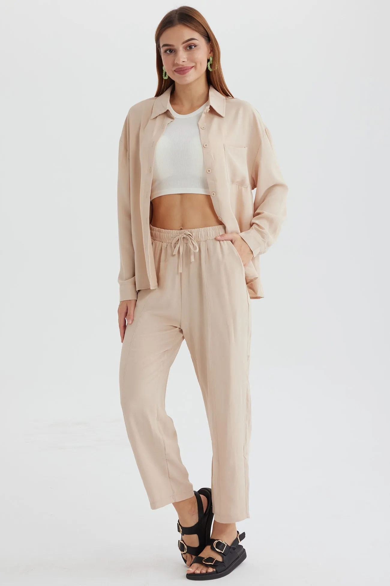 Long Sleeve Solid Color Shirt Long Pants Set