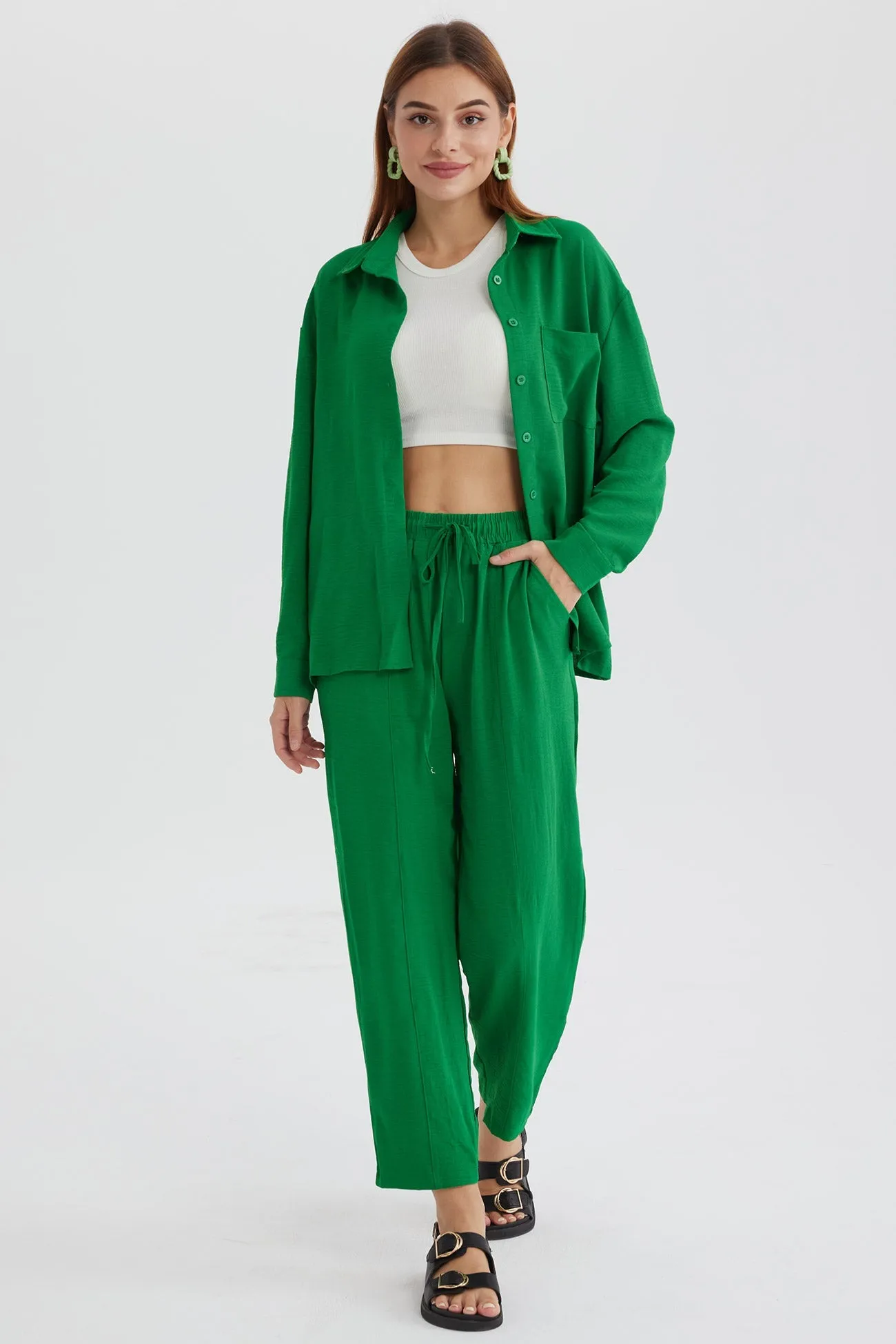 Long Sleeve Solid Color Shirt Long Pants Set