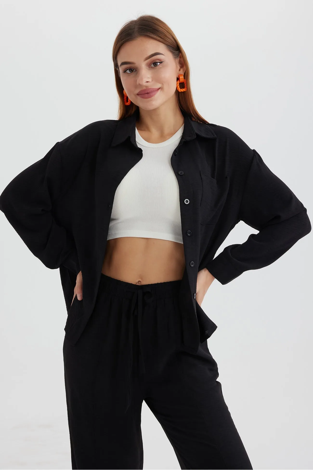 Long Sleeve Solid Color Shirt Long Pants Set