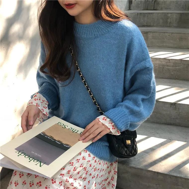 Loose Candy Colors Pullover Fluffy Ribbed Sweater