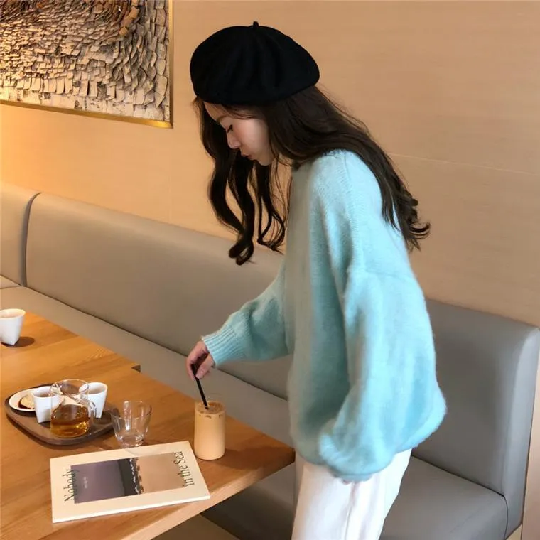Loose Candy Colors Pullover Fluffy Ribbed Sweater