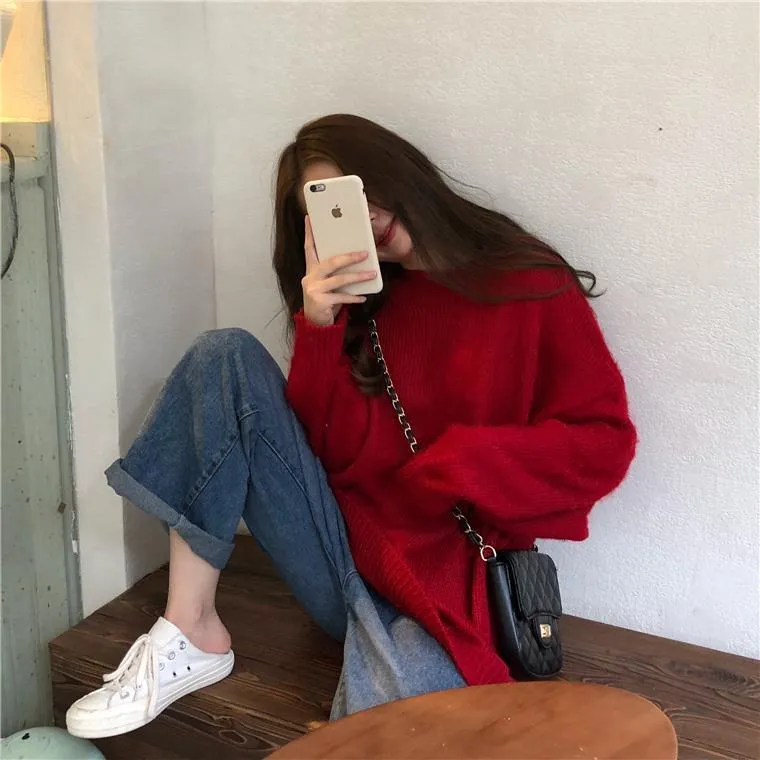 Loose Candy Colors Pullover Fluffy Ribbed Sweater