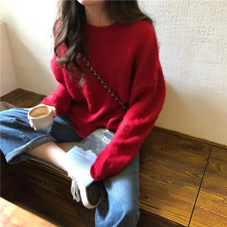 Loose Candy Colors Pullover Fluffy Ribbed Sweater