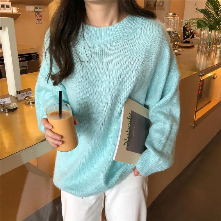 Loose Candy Colors Pullover Fluffy Ribbed Sweater