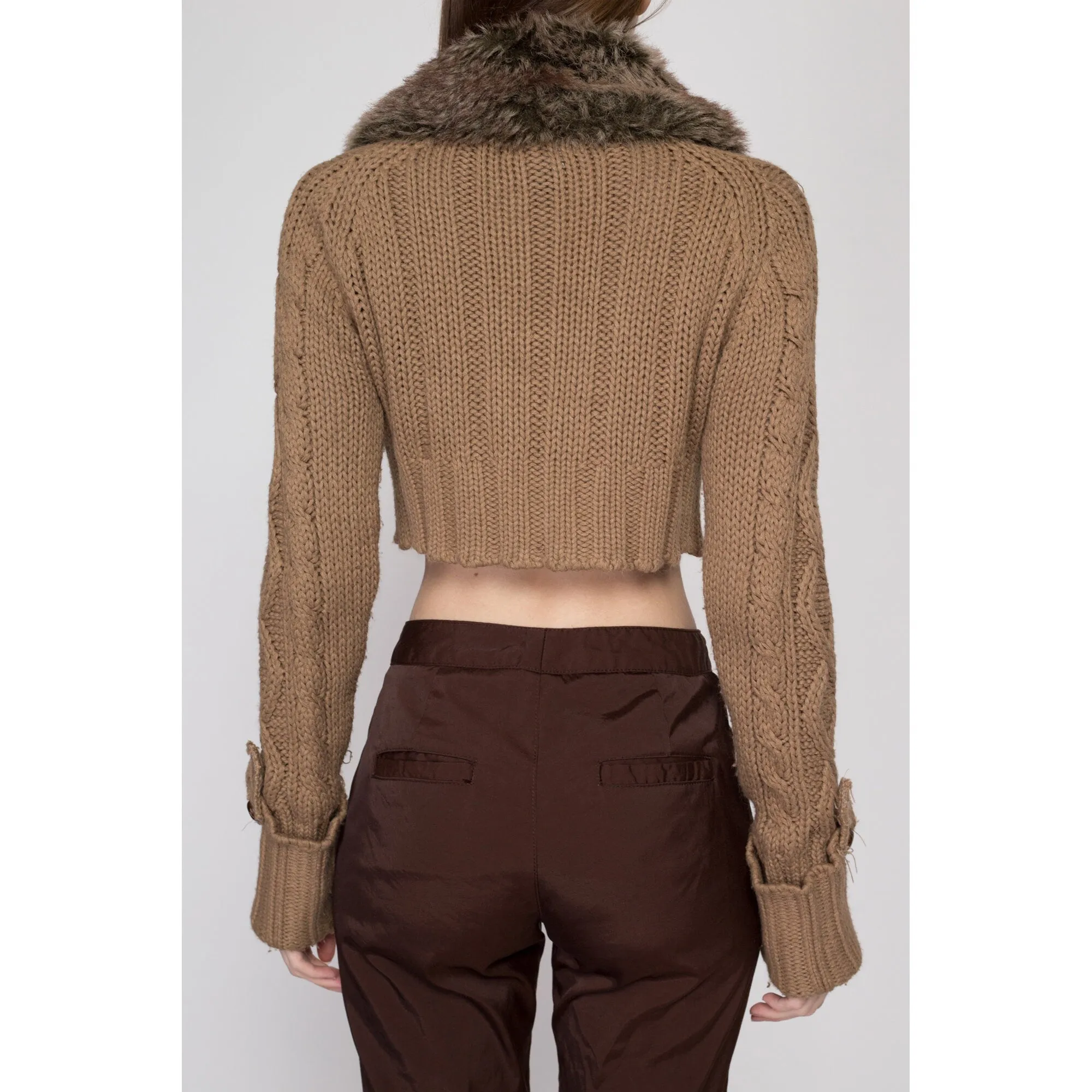 Med-Lrg 90s Brown Faux Fur Collar Cropped Sweater