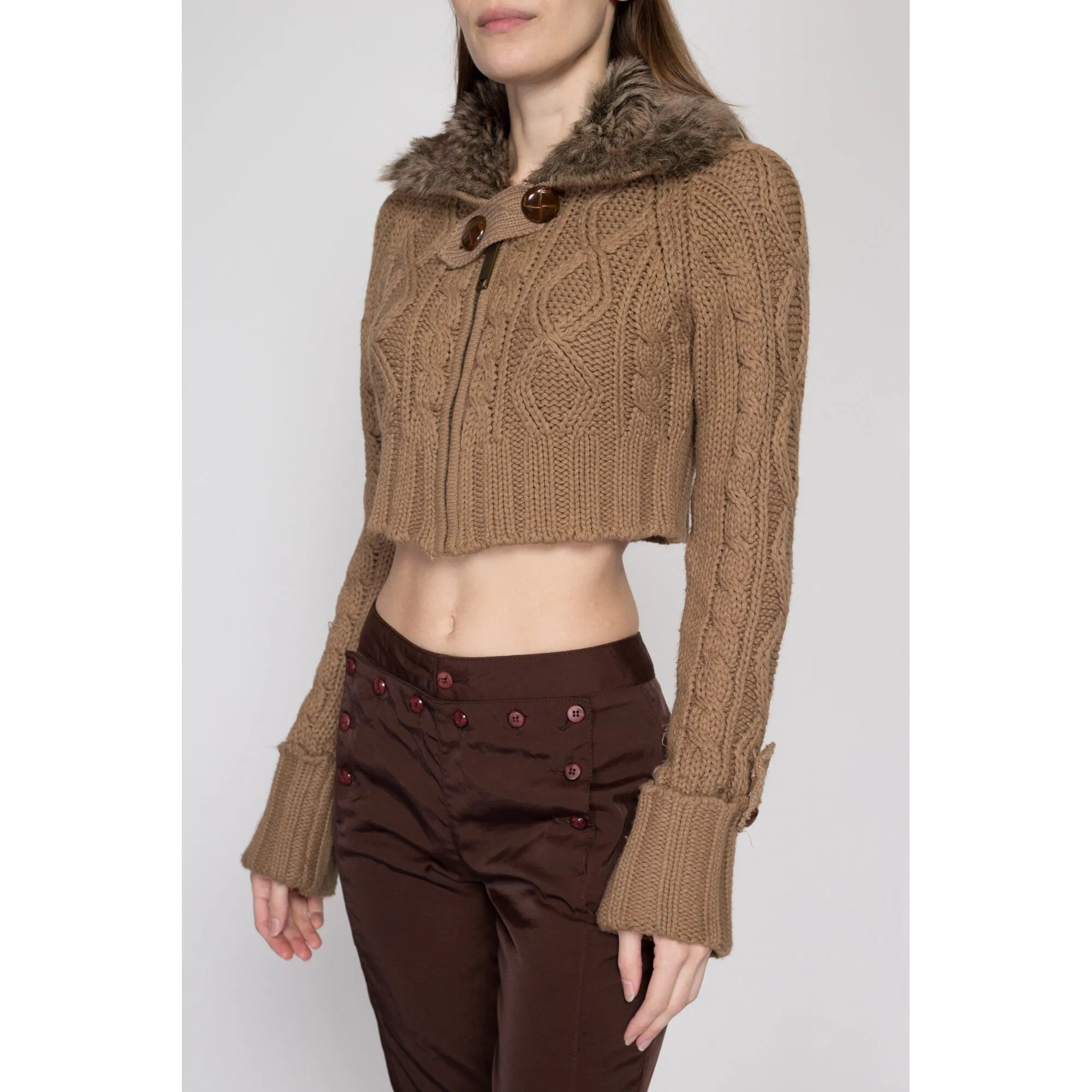 Med-Lrg 90s Brown Faux Fur Collar Cropped Sweater