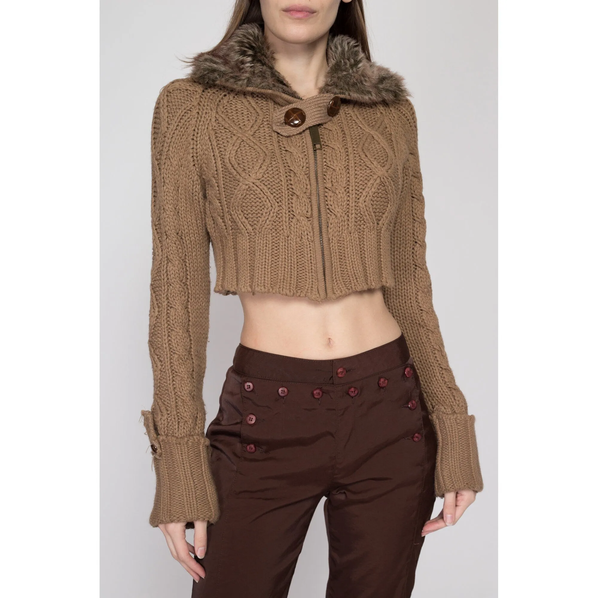 Med-Lrg 90s Brown Faux Fur Collar Cropped Sweater