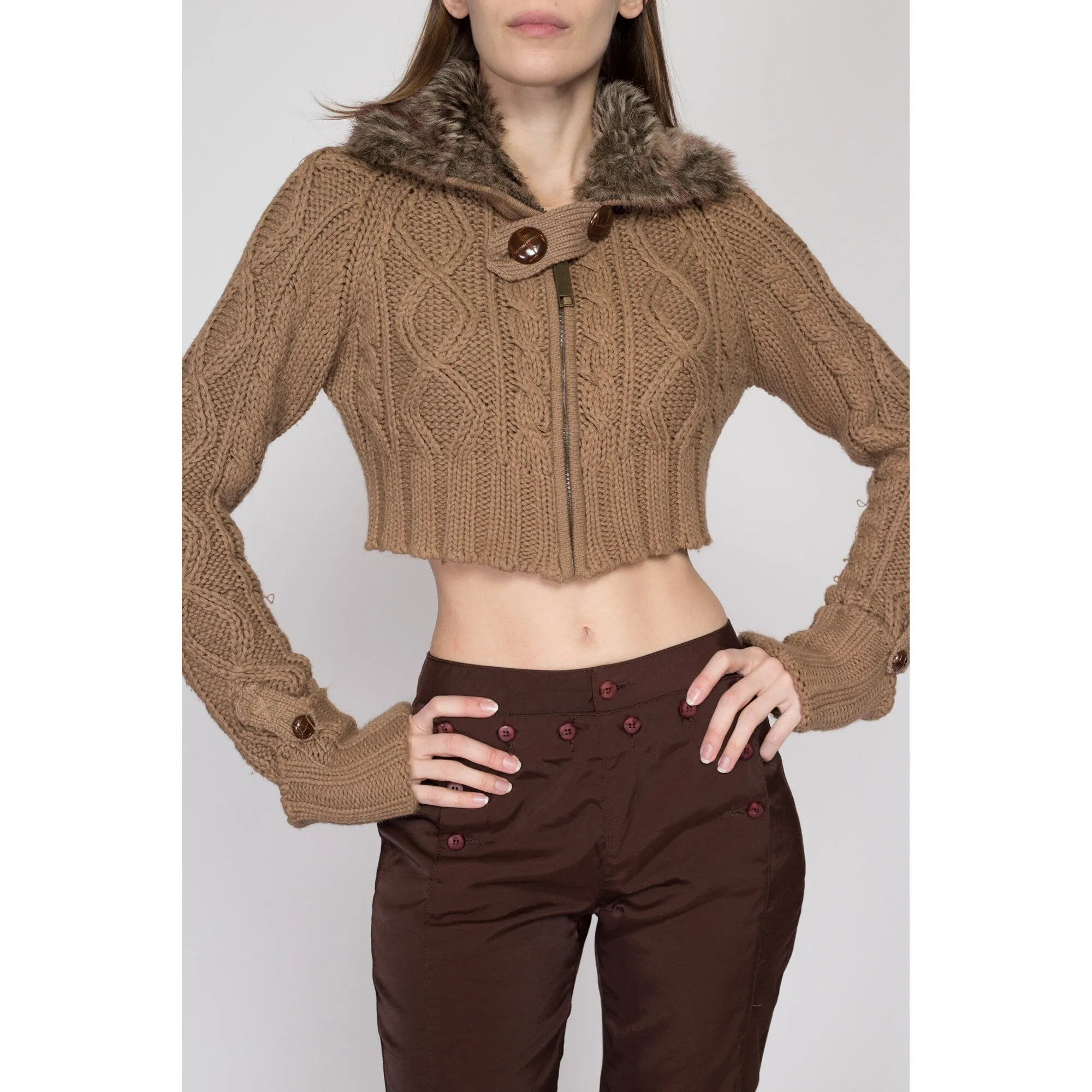 Med-Lrg 90s Brown Faux Fur Collar Cropped Sweater