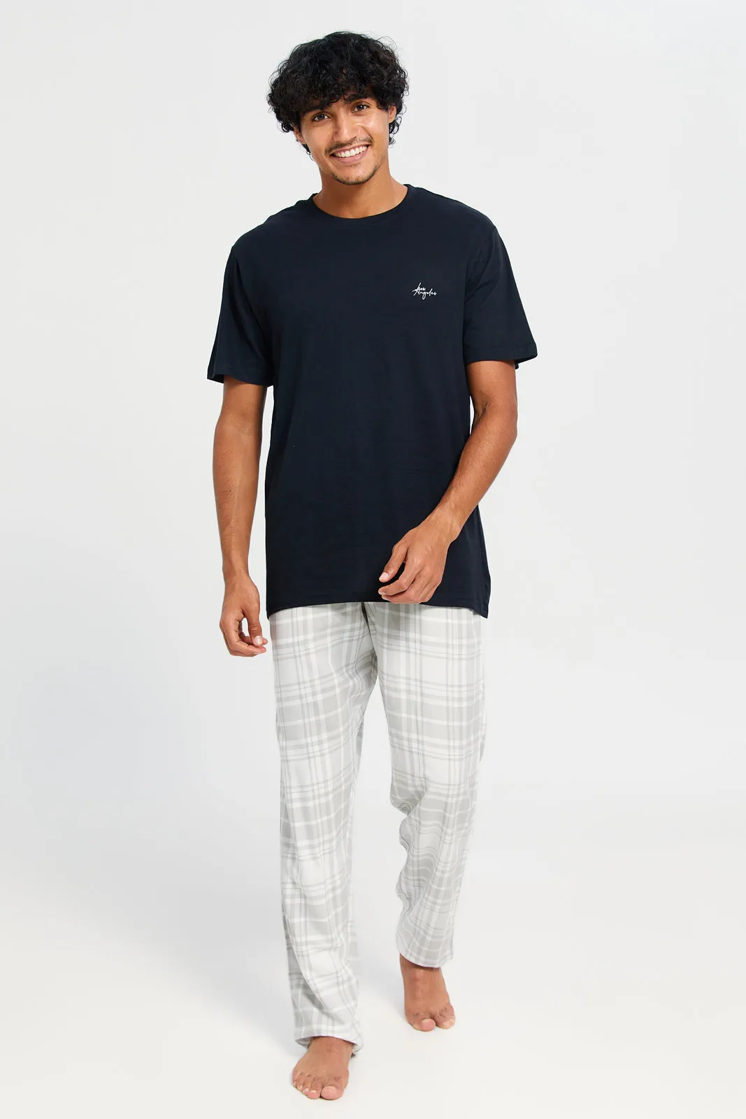 Men Black And Grey Checkered Pyjama Set (2 Piece)