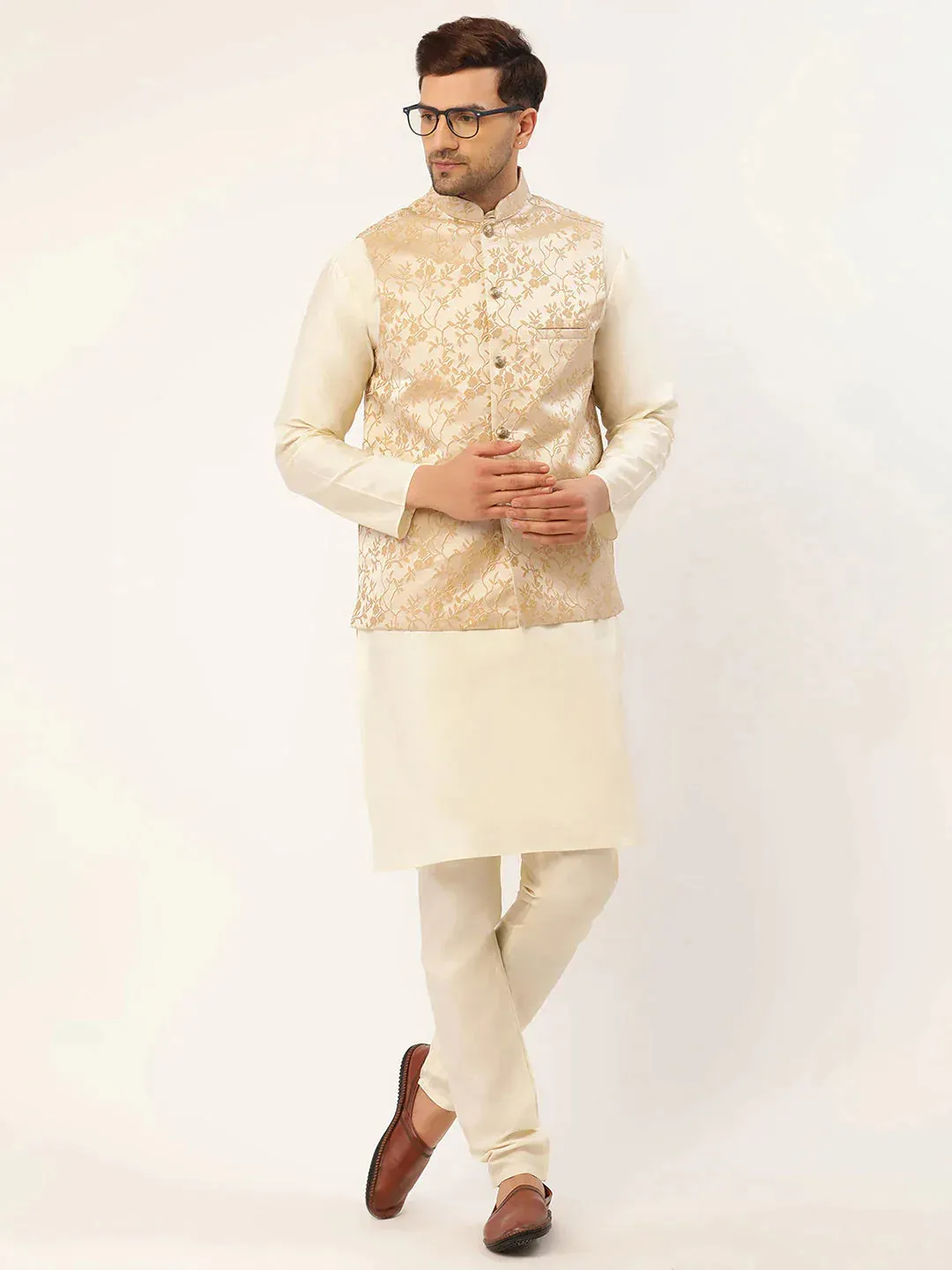 Men'S Beige Embossed Nehru Jacket