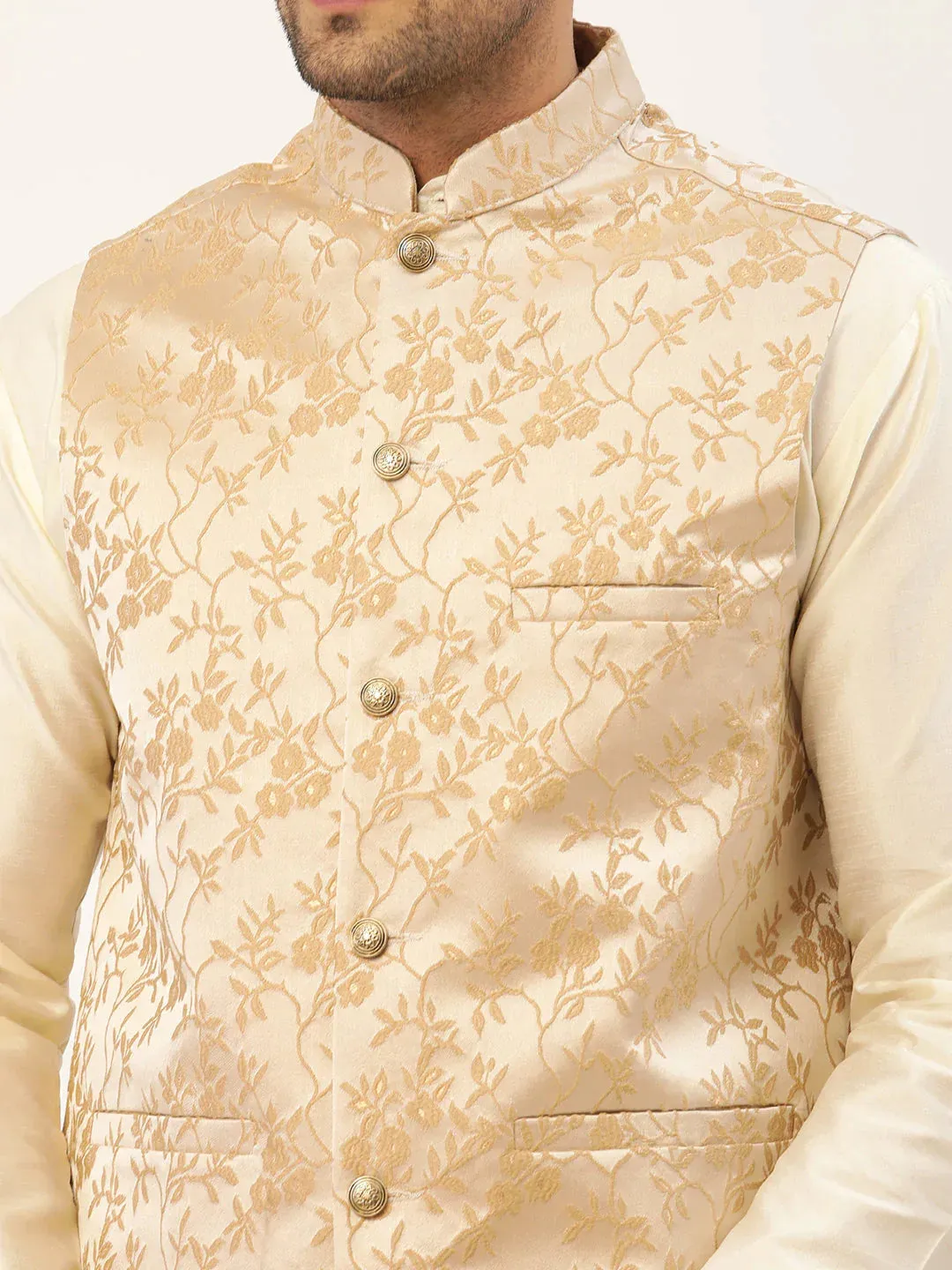 Men'S Beige Embossed Nehru Jacket