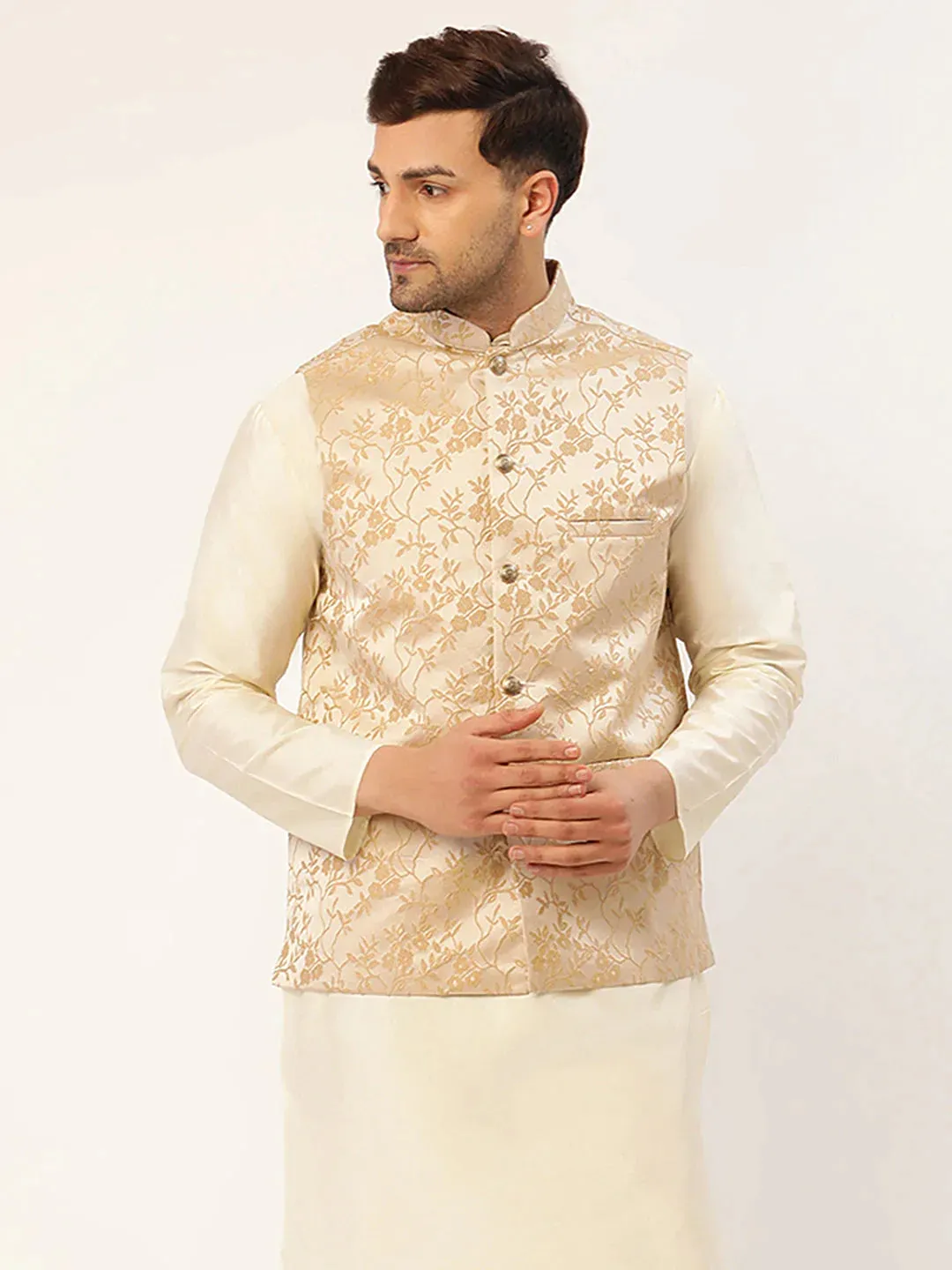 Men'S Beige Embossed Nehru Jacket