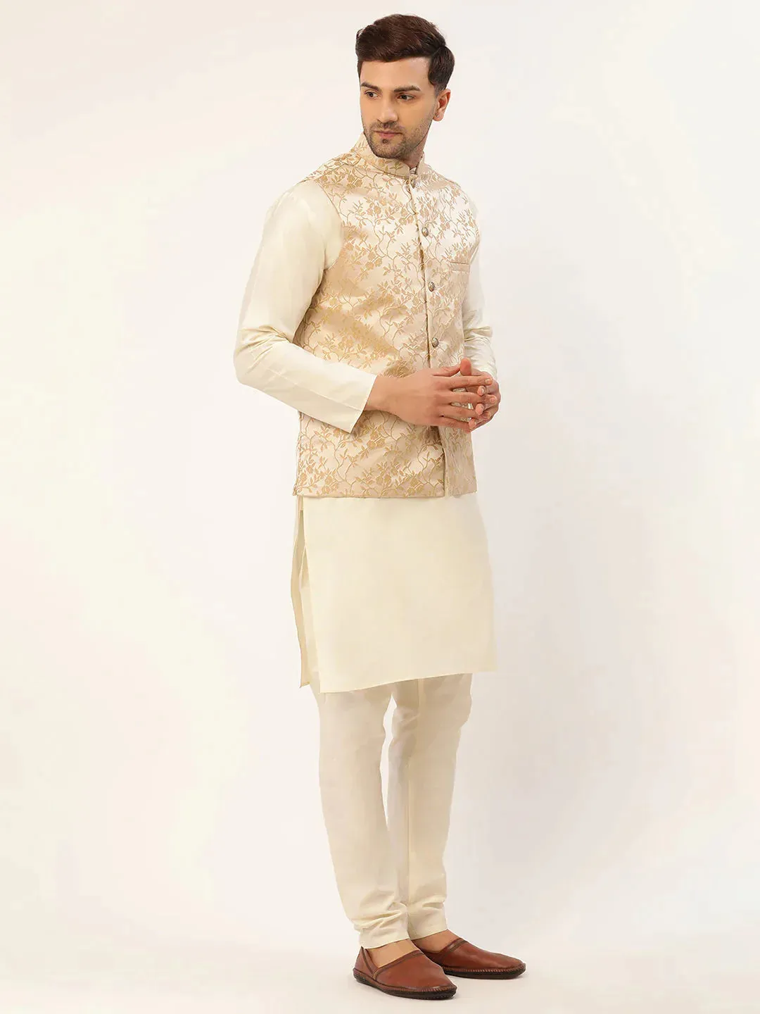 Men'S Beige Embossed Nehru Jacket
