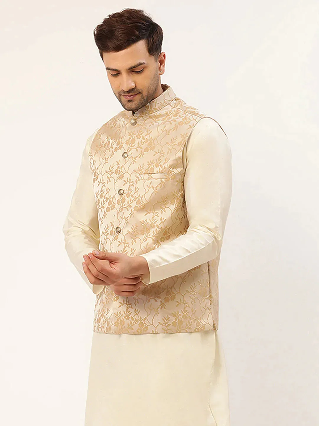 Men'S Beige Embossed Nehru Jacket