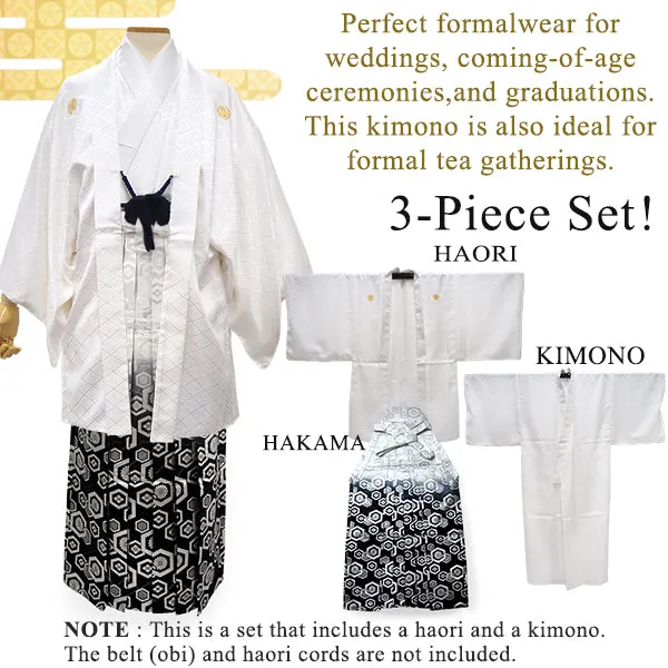 Men's Formal Kimono, Haori, and Hakama 3-Piece Set ＜White Haori＞