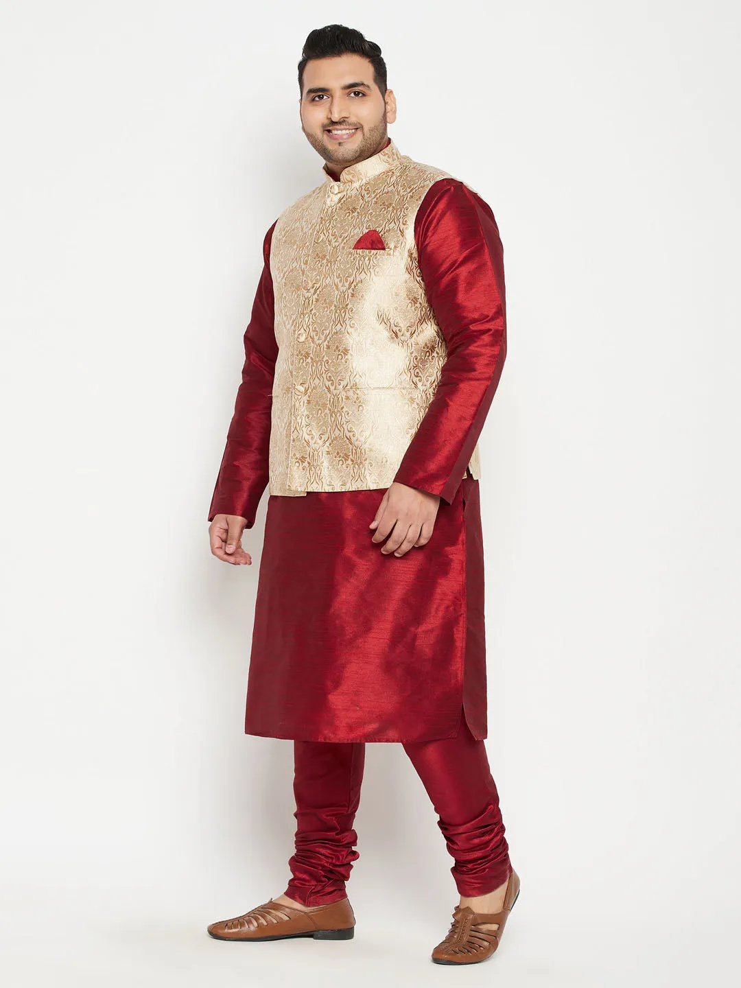 Men's Plus Maroon, Rose Gold And White Silk Blend Jacket Kurta Pyjama Set - Vastramay