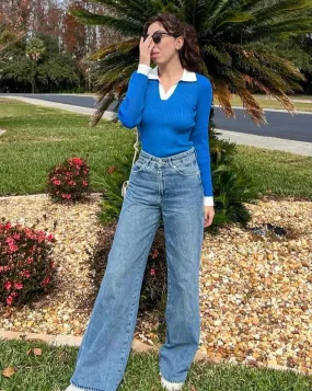 MEROKEETY Long Sleeve V Neck Slim Fitted Ribbed Knit Top