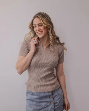 MEROKEETY Short Sleeve V Neck Collar Fitted Ribbed Knit Top