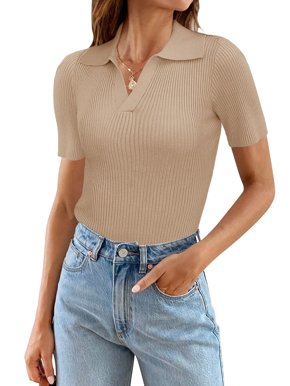 MEROKEETY Short Sleeve V Neck Collar Fitted Ribbed Knit Top
