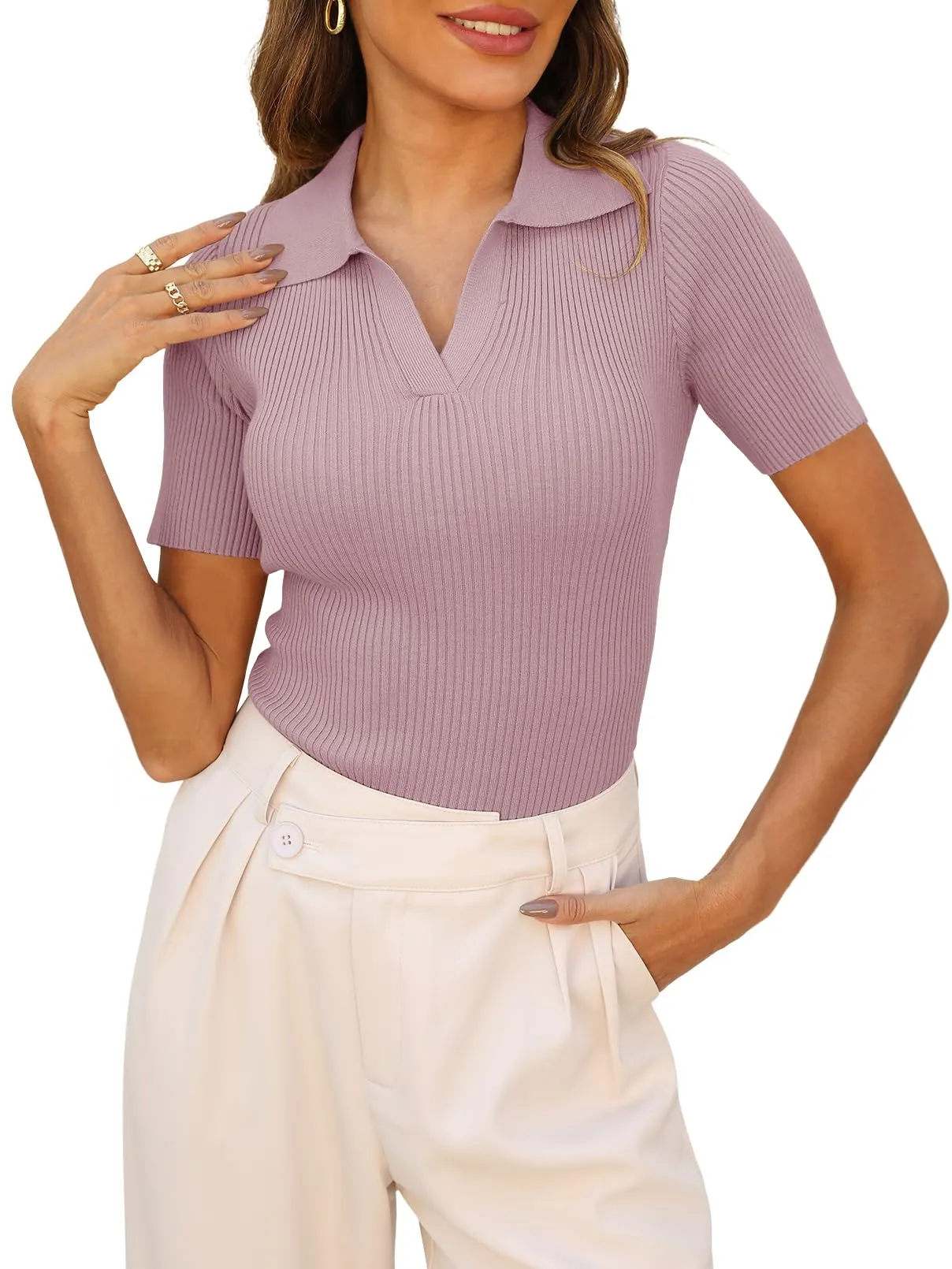 MEROKEETY Short Sleeve V Neck Collar Fitted Ribbed Knit Top