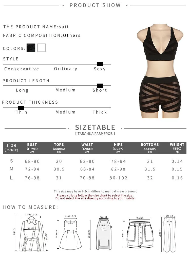 Mesh Sexy 2 Piece Set For Women Solid Patchwork Deep V-Neck Crop Tops  Skinny High Waist See Through Shorts Outfits