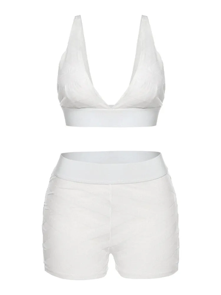 Mesh Sexy 2 Piece Set For Women Solid Patchwork Deep V-Neck Crop Tops  Skinny High Waist See Through Shorts Outfits