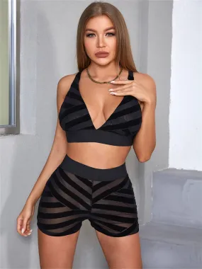 Mesh Sexy 2 Piece Set For Women Solid Patchwork Deep V-Neck Crop Tops  Skinny High Waist See Through Shorts Outfits
