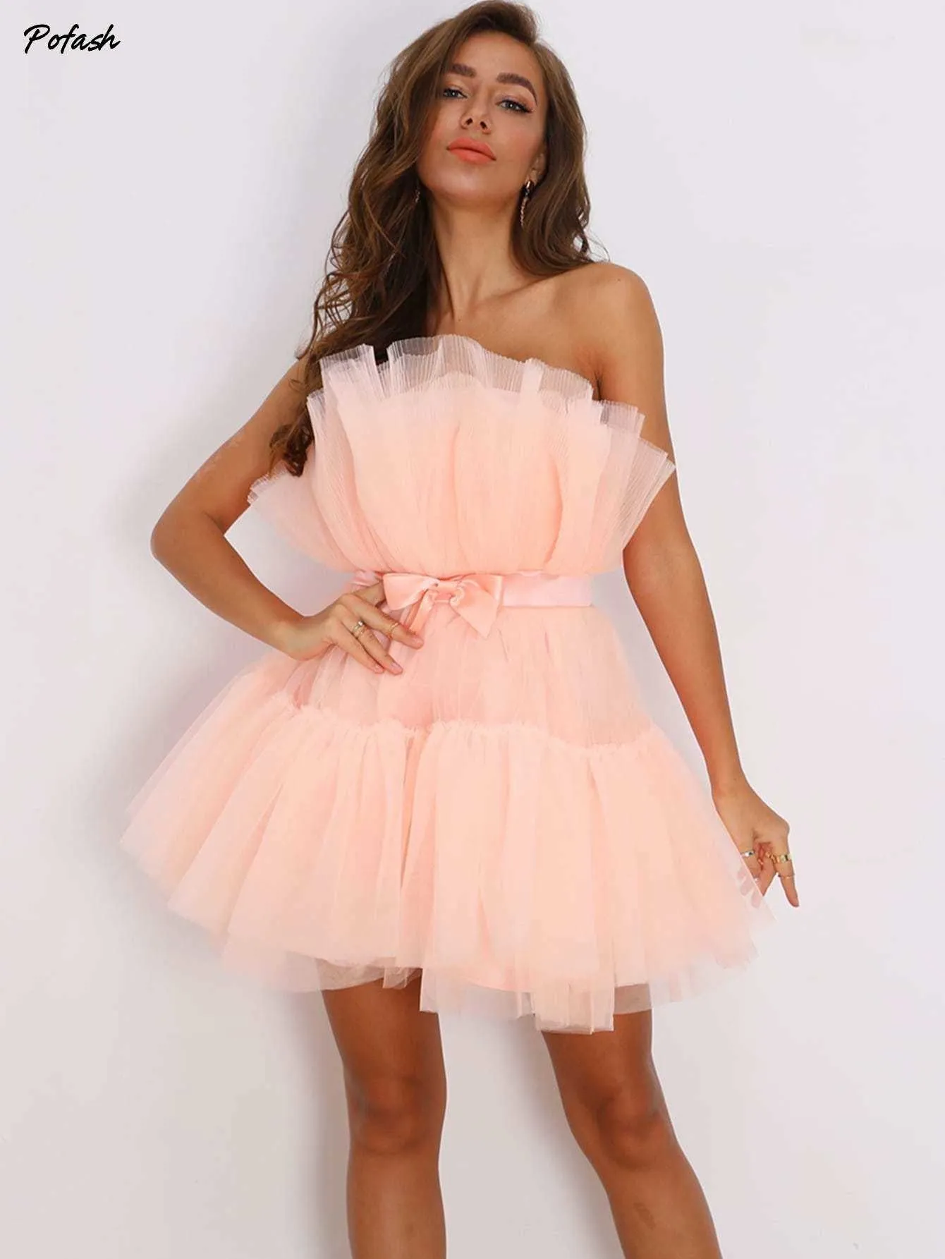Mesh Solid Bow Mini Dress Women Layered Strapless Ball Gown Sexy Party Club Dress Backless Summer Dress