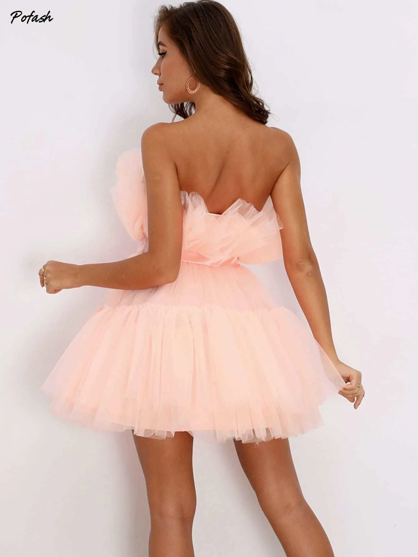 Mesh Solid Bow Mini Dress Women Layered Strapless Ball Gown Sexy Party Club Dress Backless Summer Dress