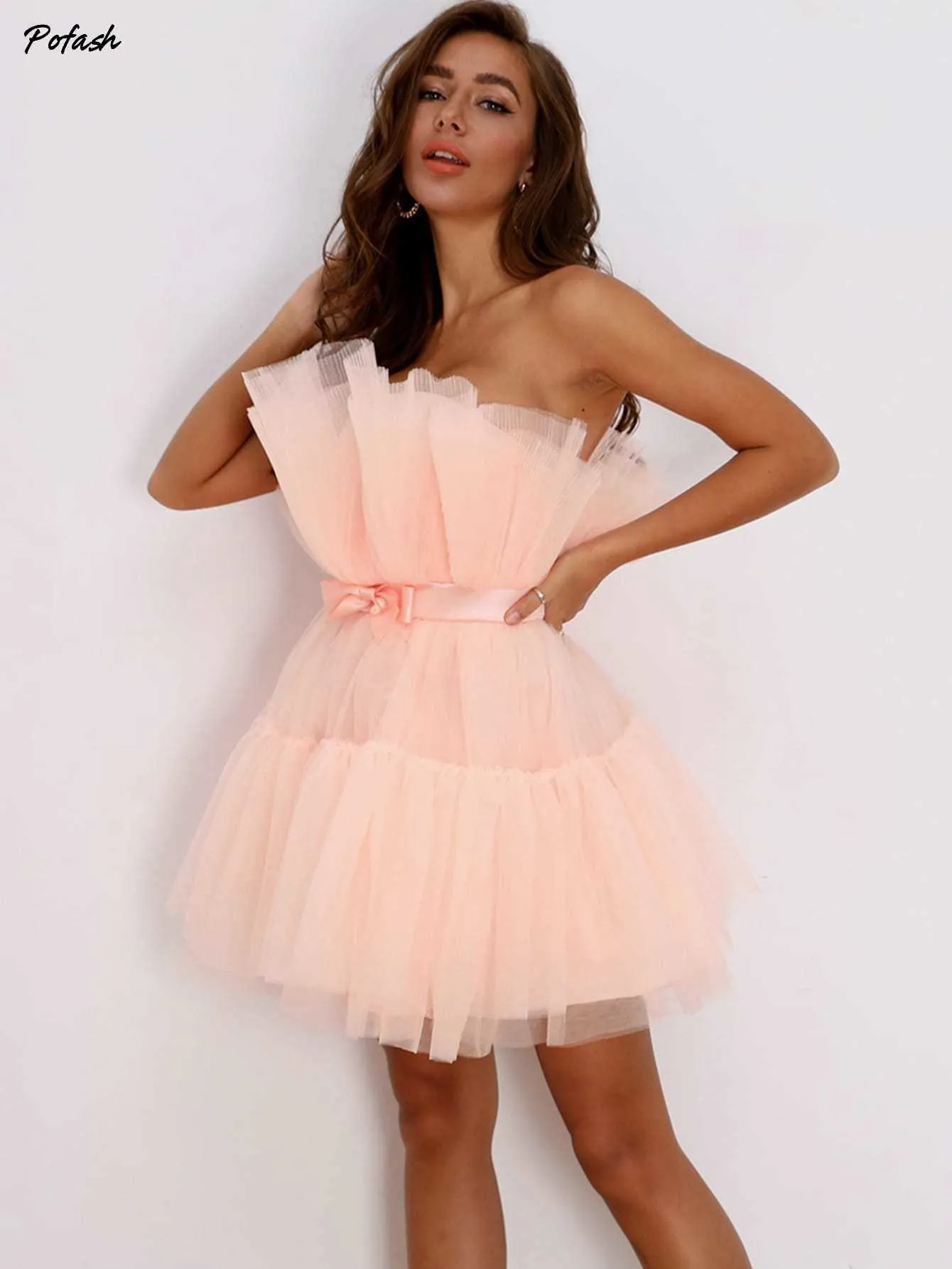 Mesh Solid Bow Mini Dress Women Layered Strapless Ball Gown Sexy Party Club Dress Backless Summer Dress