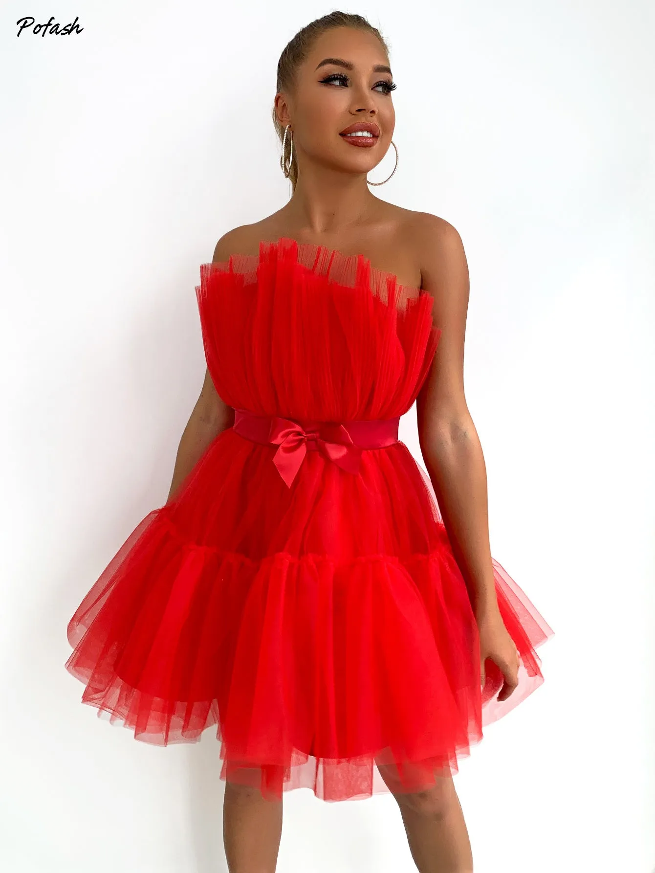 Mesh Solid Bow Mini Dress Women Layered Strapless Ball Gown Sexy Party Club Dress Backless Summer Dress