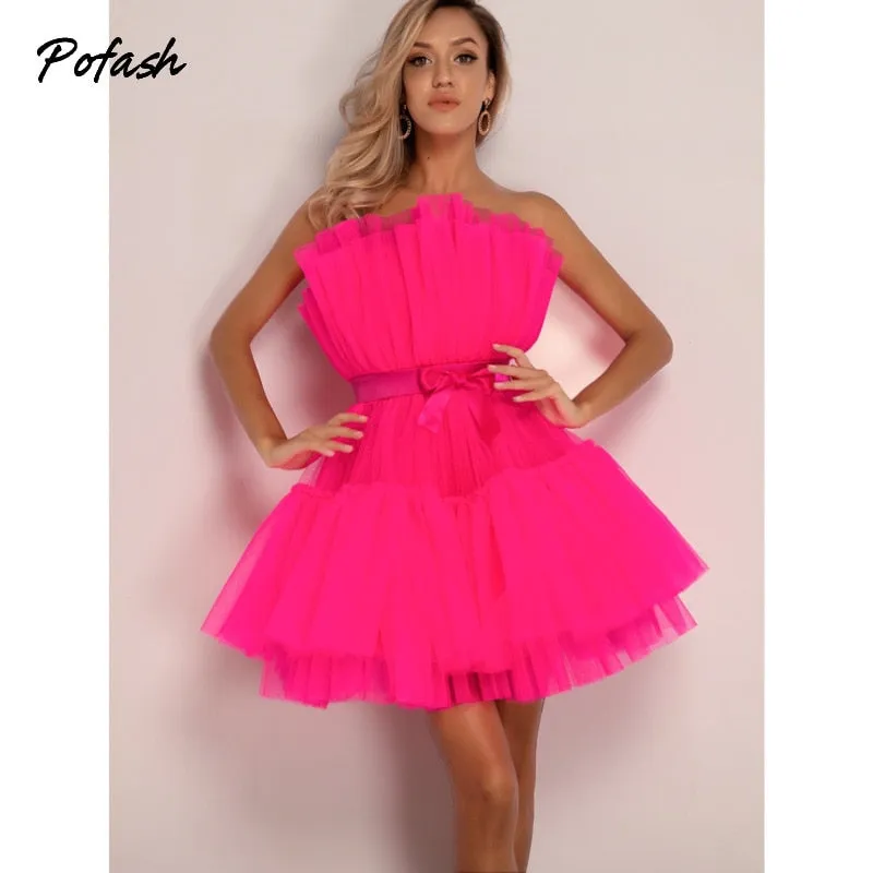 Mesh Solid Bow Mini Dress Women Layered Strapless Ball Gown Sexy Party Club Dress Backless Summer Dress
