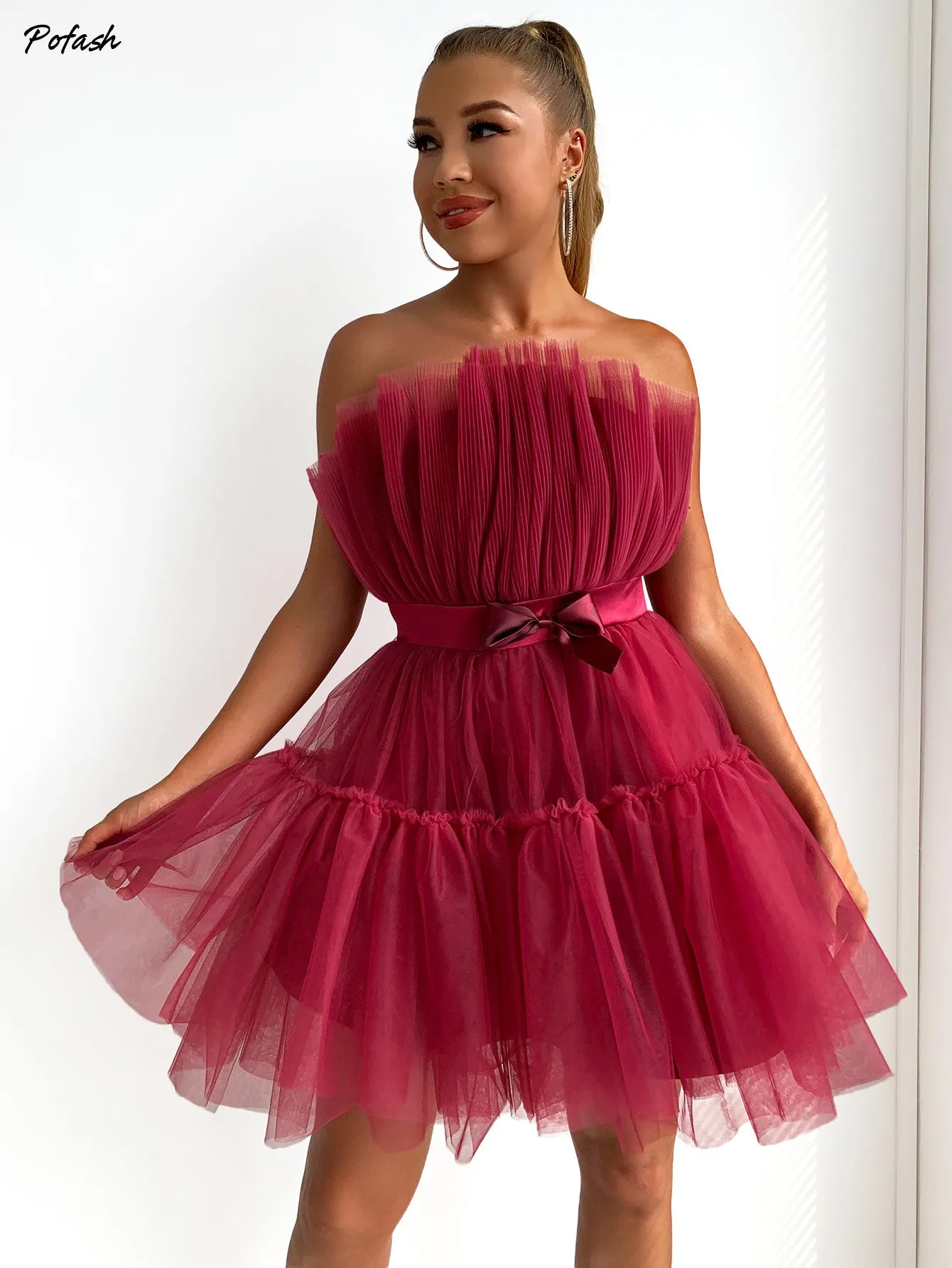 Mesh Solid Bow Mini Dress Women Layered Strapless Ball Gown Sexy Party Club Dress Backless Summer Dress