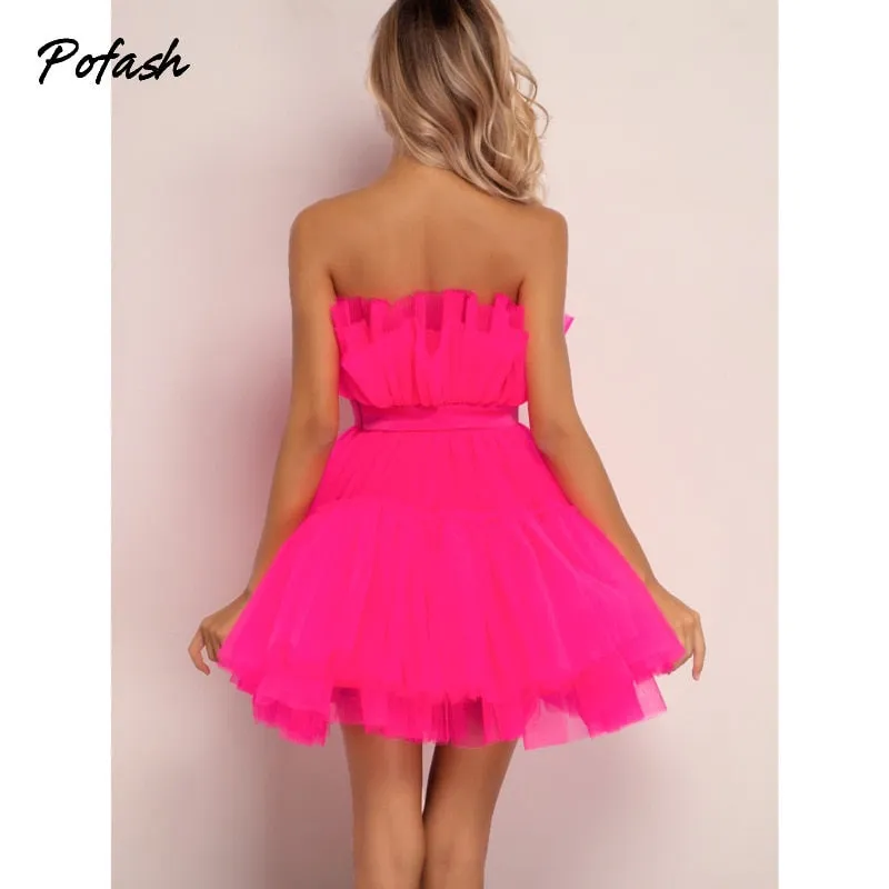 Mesh Solid Bow Mini Dress Women Layered Strapless Ball Gown Sexy Party Club Dress Backless Summer Dress