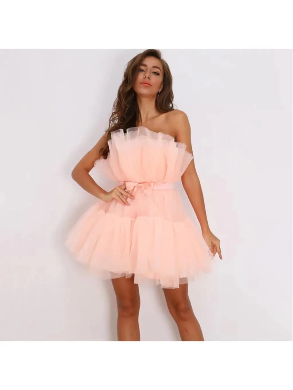 Mesh Solid Bow Mini Dress Women Layered Strapless Ball Gown Sexy Party Club Dress Backless Summer Dress