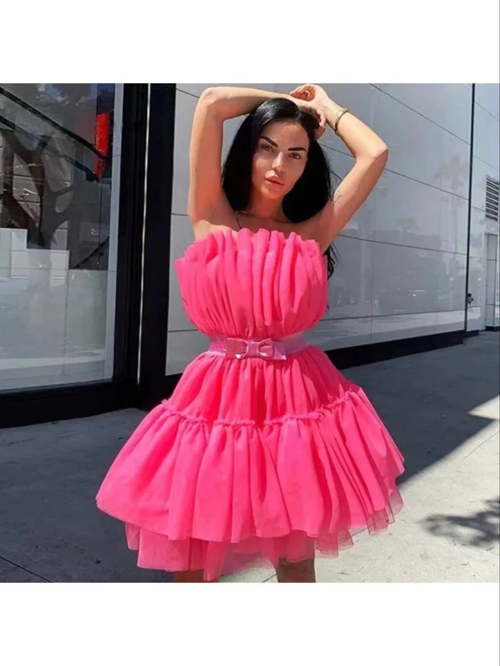 Mesh Solid Bow Mini Dress Women Layered Strapless Ball Gown Sexy Party Club Dress Backless Summer Dress