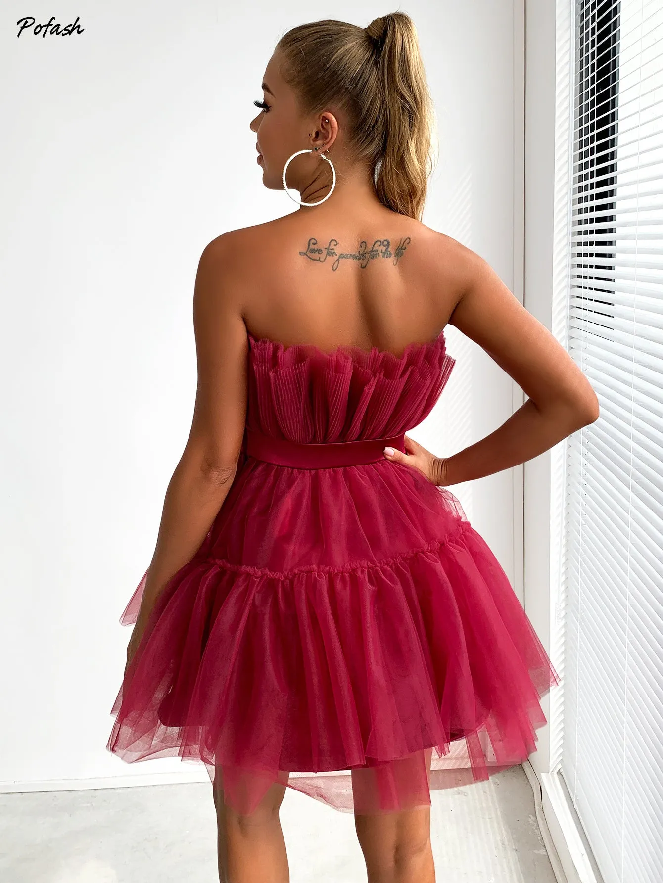 Mesh Solid Bow Mini Dress Women Layered Strapless Ball Gown Sexy Party Club Dress Backless Summer Dress